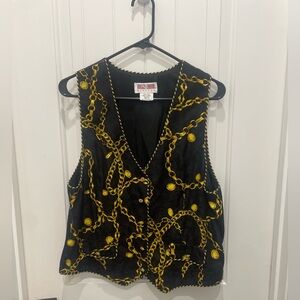 Vintage Maggy London Black & Gold Chain Print V-Neck 100% Silk Vest